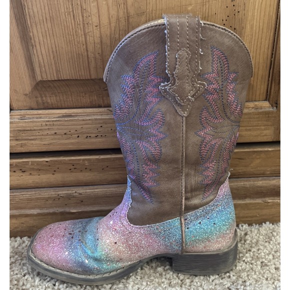 Roper Girls 13 Rainbow GLITTER Square Toe Brown Cowboy Casual Pull On Boots - Picture 6 of 10